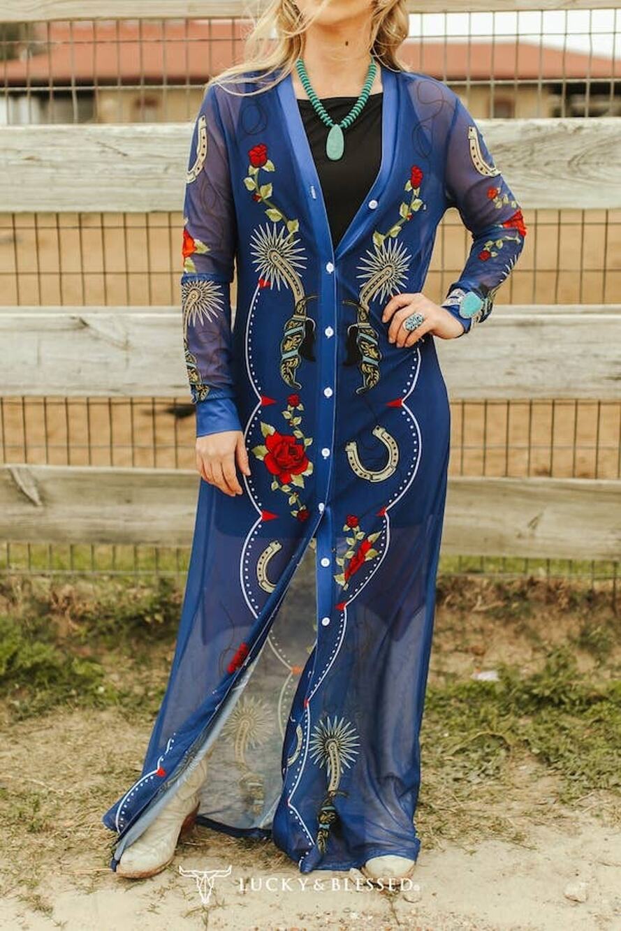 Denim Blue Western Duster | Sheer Mesh Button-Down with Horseshoe & Rose Print